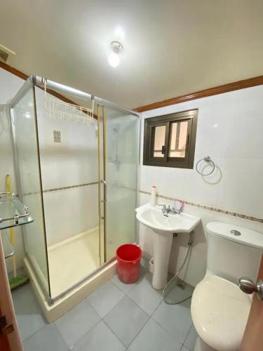 a bathroom with a shower and a toilet and a sink at Guest House in Agoo La Union in Agoo