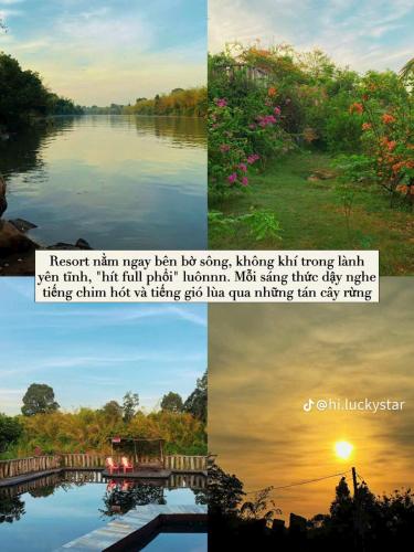 a collage of two pictures of a lake at Green Bamboo Lodge Resort in Cat Tien