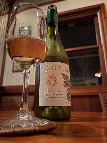 a glass of wine next to a bottle of wine at 一棟貸切,新築,広いドッグランの庭付き,ペット可,海徒歩10分,bbq,美味しい肉セット注文可 in Jōnouchi
