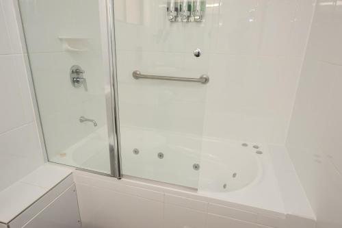 a shower with a glass door in a bathroom at Allan Cunningham Motel in Toowoomba