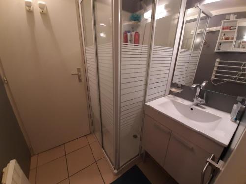 une salle de bain avec douche et lavabo dans l'établissement Charmante Villa Patio avec Terrasse : Proche Plages et Centre, Idéale pour 4 Personnes - FR-1-239-789, à Capbreton