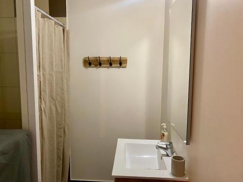 弗米盖赫Formiguères - Appartement T2 Lumineux avec Terrasse, 3 Pers, Proche Pistes et Commerces - FR-1-758-29的一间白色浴室，配有洗手池和镜子。