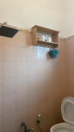 a bathroom with a toilet and a window on the wall at Lanina homestay in Ipi