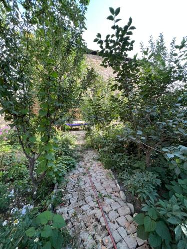 a garden with trees and a stone path at Lovely home shatry in Osh
