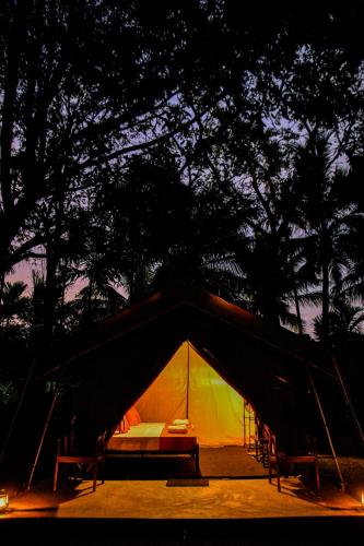a tent with a bed in it at night at Mango Safari Camping Udawalawe in Udawalawe