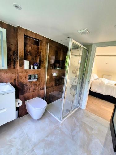 a bathroom with a shower and a toilet and a bed at Stylish Three Bedroom Ensuite Duplex Apartment in West Hampstead in London