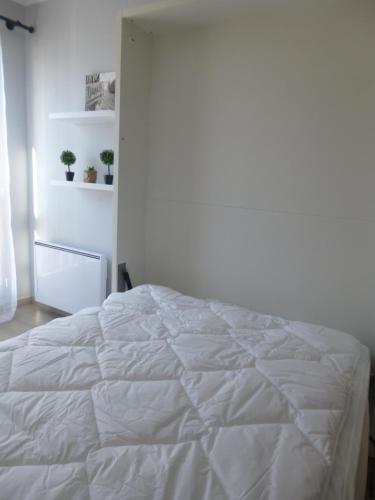 バラリュック・レ・バンにあるLes Gémeauxの白いベッドルーム(棚に植物あり)の白いベッド1台
