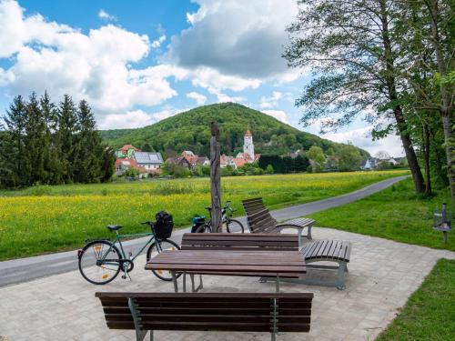 2 bancs et 2 vélos garés à côté d'un parc dans l'établissement Ferienhaus Sanddornweg 09 an der Therme Obernsees, à Mistelgau