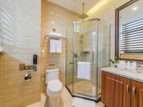 a bathroom with a shower and a toilet and a sink at YUN-RAY Hotel Shijiazhuang in Shijiazhuang
