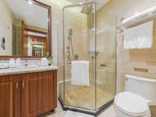 a bathroom with a shower and a toilet and a sink at YUN-RAY Hotel Shijiazhuang in Shijiazhuang
