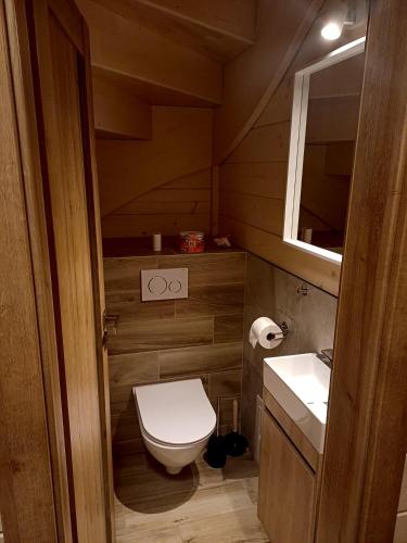 a small bathroom with a toilet and a sink at Chata Studienka 1 in Habovka