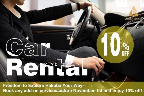 a flyer for a car rental with a woman driving a car at Hakuba Aurora Chalet by Jade Group in Hakuba