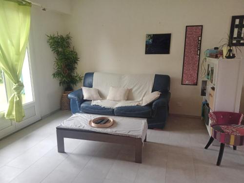 un salon avec un canapé et une table basse dans l'établissement la tiny aux portes de brest, à Guilers