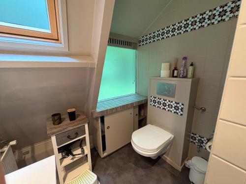 a small bathroom with a toilet and a window at Chalet Séquoia 138 Nature, piscine et chien bienvenu à Durbuy in Durbuy