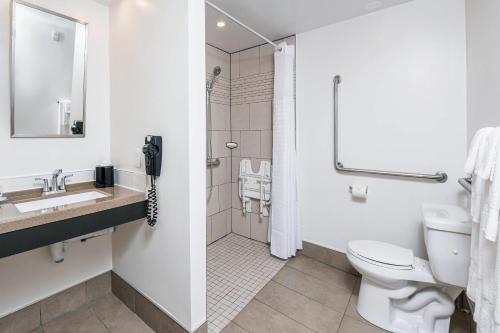 a bathroom with a toilet and a sink and a shower at Quality Inn & Conference Centre Kingston Central in Kingston