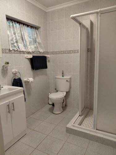a white bathroom with a toilet and a shower at Ballykeep Cottage, Constantia in Constantia