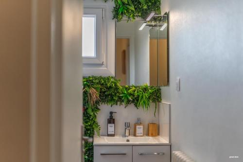 une salle de bain avec un lavabo et un miroir dans l'établissement Toulouse Appartment 3 bedrooms balcony panoramic view - 10 min Train station & Metro, à Toulouse