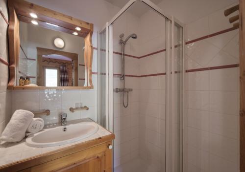 une salle de bain avec douche et lavabo dans l'établissement Appartement Ecrin 214, à Tignes