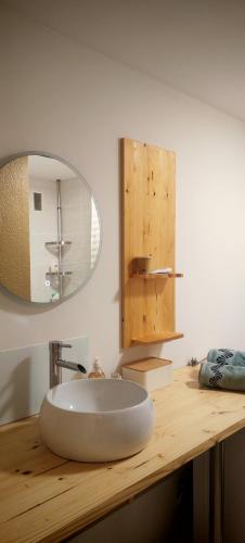 une salle de bain avec un lavabo et un miroir sur un comptoir dans l'établissement T2 rénové à 50m de la mer, à Canet