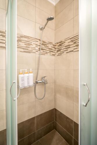 a shower with a glass door in a bathroom at Kyra's Luxury Suites 1 in Chios