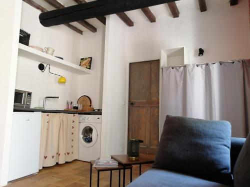 un salon avec un canapé et une cuisine dans l'établissement studio au sein d'un mas en Camargue, à Vauvert