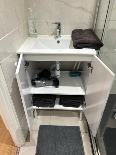 La salle de bains est pourvue d'un lavabo et de serviettes sur une étagère. dans l'établissement T3 - 2 Chambres et BZ - Vieux Vichy, à Vichy