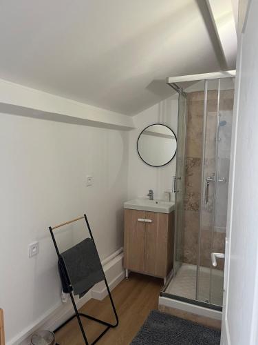 La salle de bains est pourvue d'une douche en verre et d'un miroir. dans l'établissement Duplex T3 cosy, à Avignon