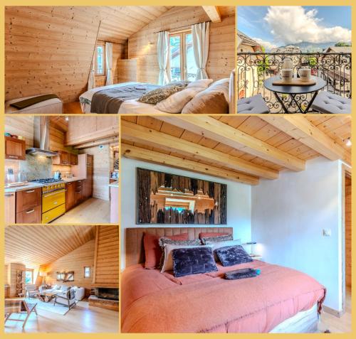 圣热尔韦莱班Appartement La Comtesse I Centre de Saint-Gervais的一张带床的房间图片拼贴画