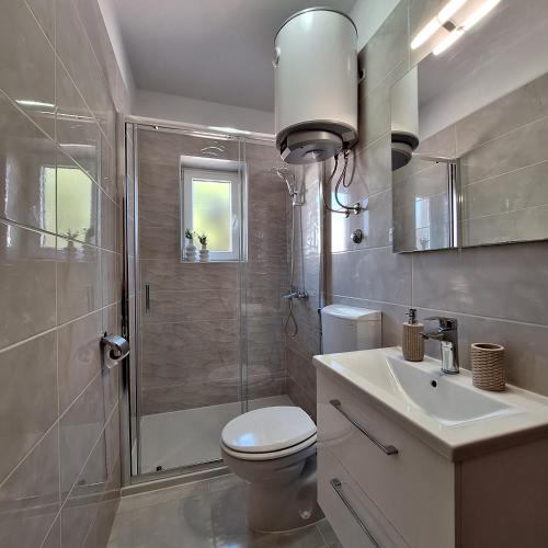 a bathroom with a shower and a toilet and a sink at Rumora Ivan Apartment in Povljana