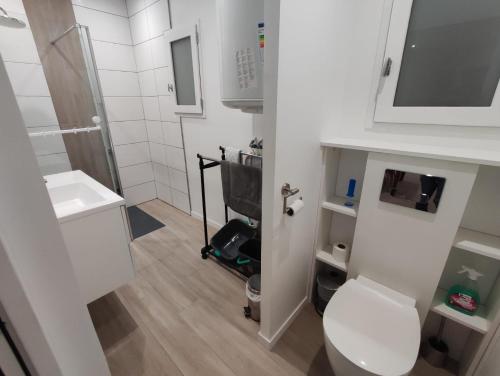 une petite salle de bain avec toilettes et lavabo dans l'établissement chez mapi, à Saint-Jean-Pied-de-Port