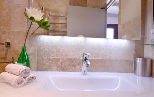La salle de bains est pourvue d'un lavabo et d'un vase avec une fleur. dans l'établissement Maison centre ville Saint Florent, à Saint-Florent