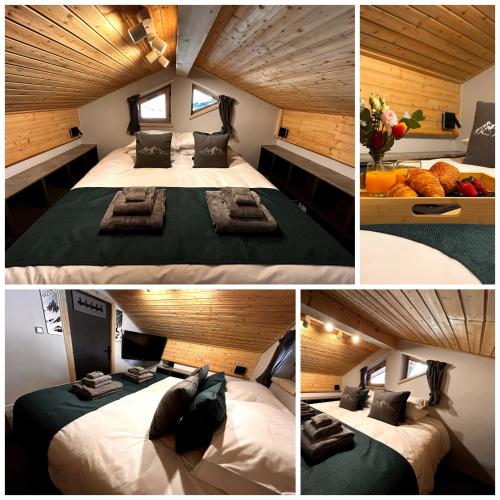 un collage de quatre photos d'une chambre avec un lit dans l'établissement Entire Apartment in Morzine Ski In Ski Out Nyon, à Morzine