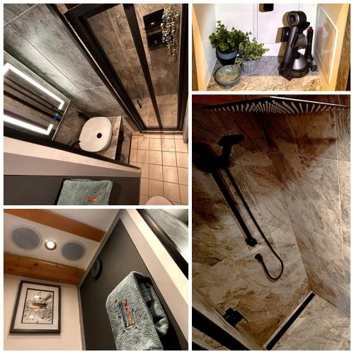un collage de photos d'une salle de bains avec douche dans l'établissement Entire Apartment in Morzine Ski In Ski Out Nyon, à Morzine