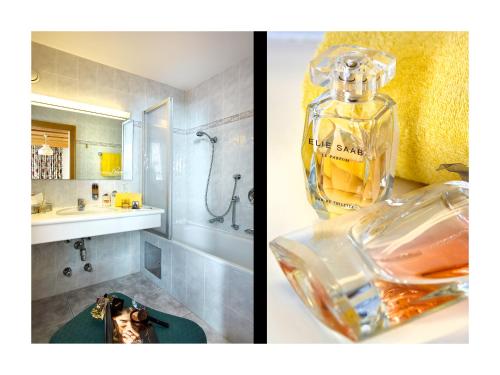 dwa zdjęcia łazienki z butelką perfum w obiekcie Alpenhotel Linserhof w mieście Imst