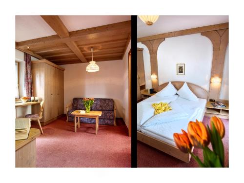 two pictures of a bedroom with a bed and a table at Alpenhotel Linserhof in Imst