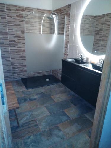 une salle de bain avec une douche avec un lavabo et un miroir dans l'établissement Chez Brigitte Guesthouse, à Nice