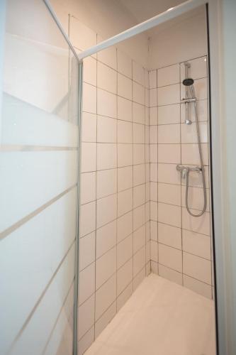 une douche avec une porte vitrée dans une salle de bain dans l'établissement GRASSE Charming Spacious Apt in Heart of City, à Grasse