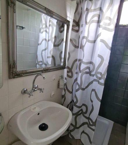 a bathroom with a sink and a shower curtain at Sunset Beach House in Fonyód