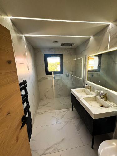 une salle de bain avec un lavabo, des toilettes et un miroir dans l'établissement Top of House, private Pool Spa 7 people, à Fréjus