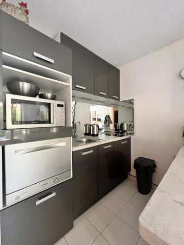 eine Küche mit Küchengeräten aus Edelstahl und einer Mikrowelle in der Unterkunft Le Nid d'amour Saint Cyr in Les Lecques