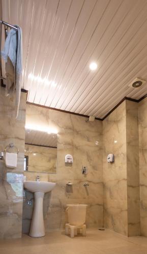 a bathroom with a sink and a toilet at Himalayan Spurge Villa in Manāli