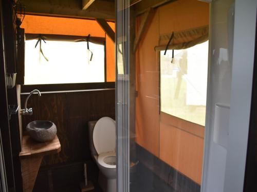 Un baño con inodoro y ventana. en Beach Lodge Callantsoog near Dunes & Beach, en Callantsoog