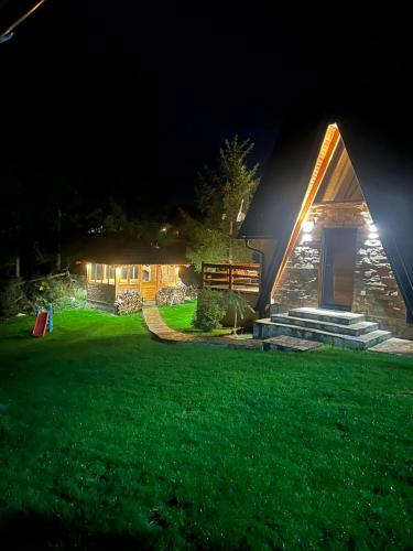 a house lit up at night with a green yard at Mila house Tara in Bajina Bašta