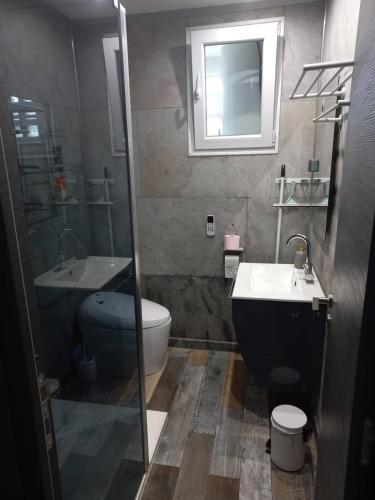 une salle de bain avec toilettes, lavabo et miroir dans l'établissement Nice Signature Caucade, à Nice