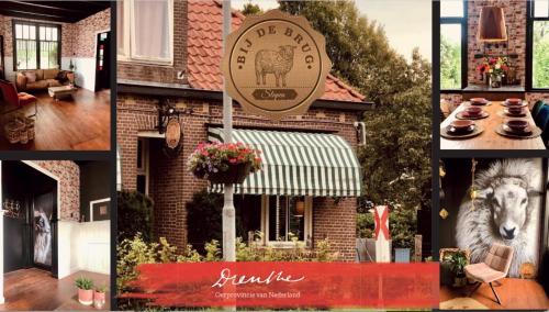 a collage of photos of a restaurant with a sign at Slapen bij de Brug in Zuidveld