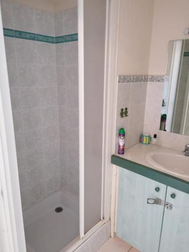 une salle de bain avec douche et lavabo dans l'établissement T3 cavalaire dans résidence avec piscine, à Cavalaire-sur-Mer