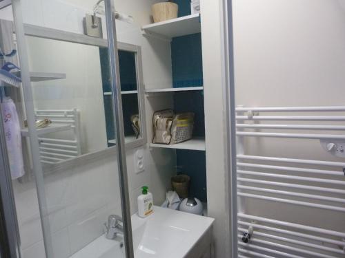 un baño con lavabo y ducha en Le chalet Martin - 400 mètres de la plage, en Plérin
