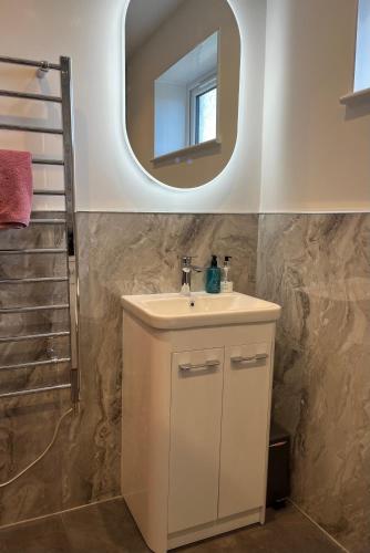 a bathroom with a sink and a mirror at The Homer in Kilmuir