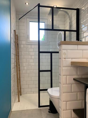 une salle de bain avec douche et toilettes dans l'établissement Naturiste Cap d'Agde Villa luxe Venus village Sweet Escapade, au Cap d'Agde