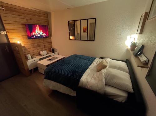 - une chambre avec un lit, un lavabo et une télévision dans l'établissement Le Petit Coolmar, à Colmar